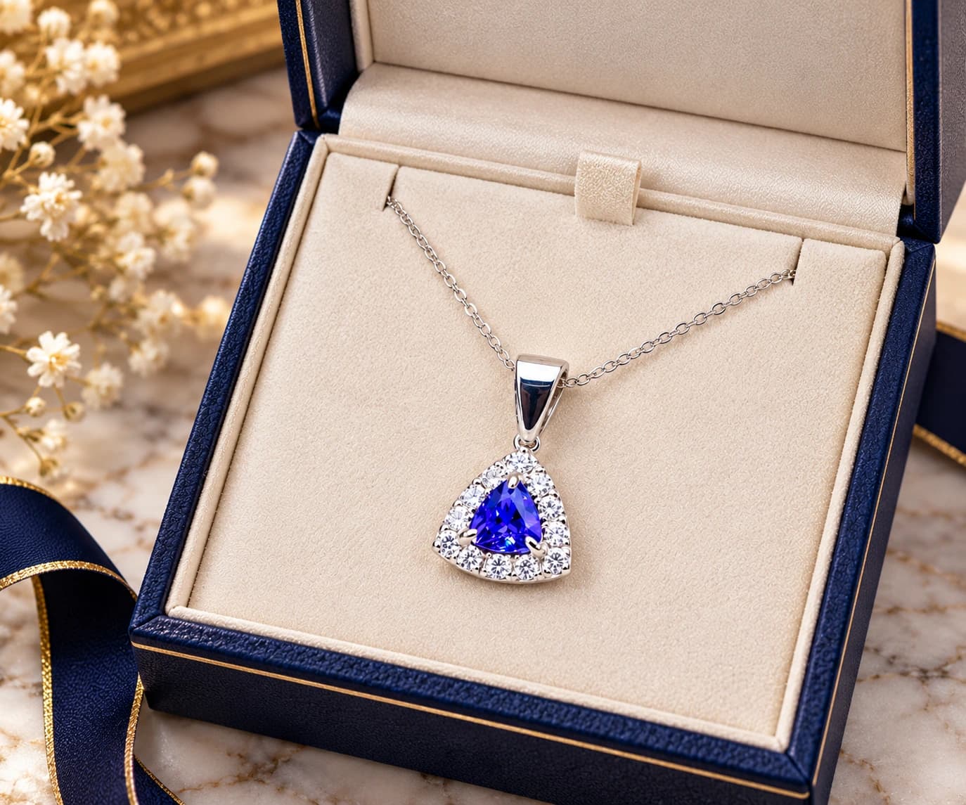 Tanzanite Pendant UK, Trilliant Tanzanite Pendant, Tanzanite Pendant 9ct White Gold